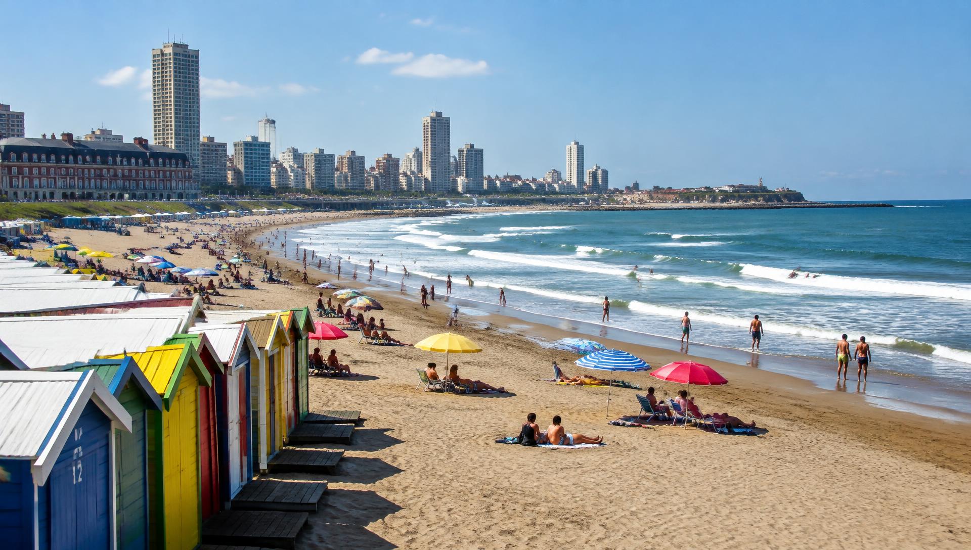 Playa de Mar del Plata con cabanas coloridas